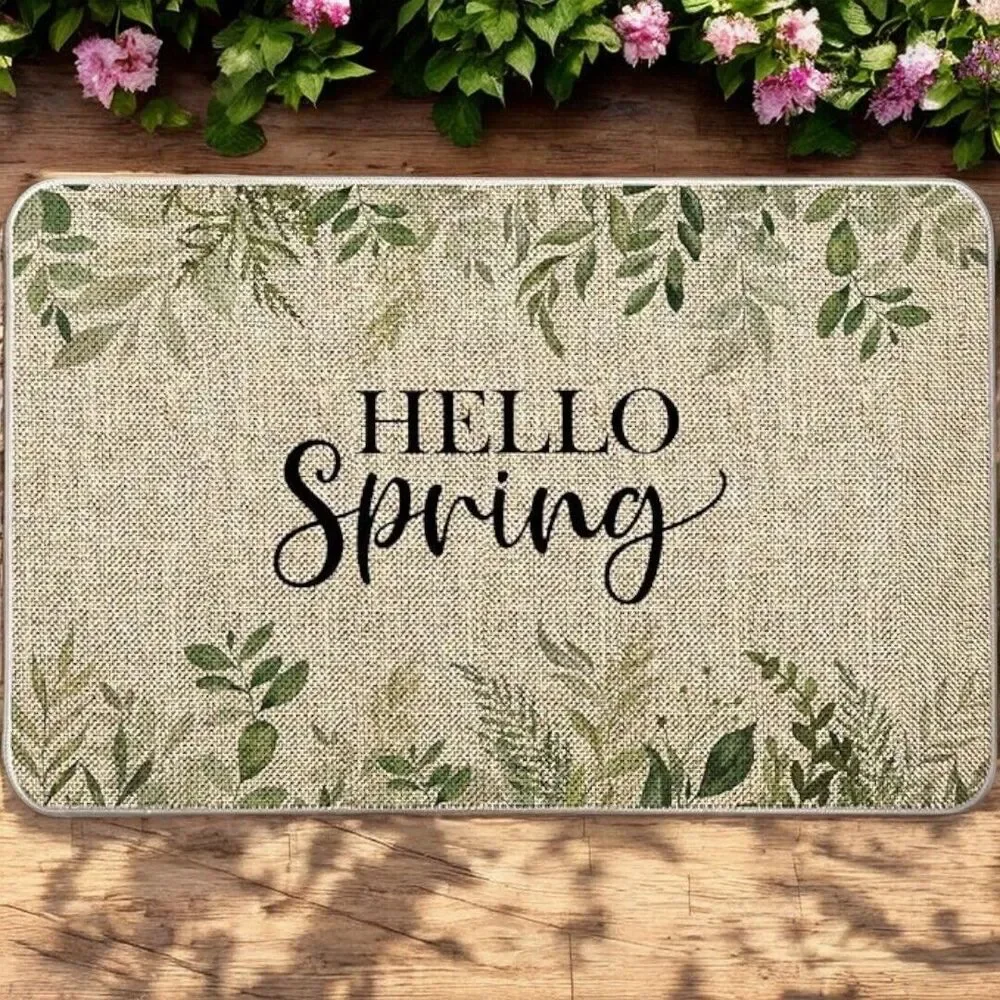 Hello Spring Leaves Farmhouse Indoor Outdoor Non Slip Door Mat 27x17